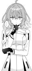  ... 1girl absurdres ahoge black_gloves breasts chaldea_logo clothing_cutout command_spell cowboy_shot fate/grand_order fate_(series) fujimaru_ritsuka_(female) fujimaru_ritsuka_(female)_(decisive_battle_chaldea_uniform) glove_cutout gloves greyscale highres light_frown long_sleeves looking_at_viewer medium_breasts monochrome skirt solo speech_bubble striped_clothes sweatdrop timta_xx 