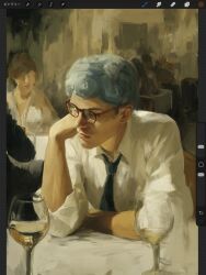  1boy alternate_costume blue_hair blue_necktie chair collared_shirt cup drink drinking_glass elbows_on_table expressionless ghiaccio glasses highres indoors jojo_no_kimyou_na_bouken jomijjd long_sleeves male_focus necktie on_chair pov realistic red-framed_eyewear restaurant shirt short_hair sitting sleeves_rolled_up vento_aureo white_shirt wine_glass 