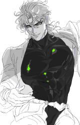  1boy absurdres buckle dangsineun_meotjyeo! dio_brando evil_grin evil_smile fangs grin heart heart-shaped_buckle highres jacket jojo_no_kimyou_na_bouken leotard partially_colored smile solo stardust_crusaders turtleneck turtleneck_leotard vampire 