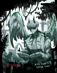  1boy arch areuwuu book broken_horn broken_wing bush collared_shirt colosseum demon_horns feathered_wings forest highres holding holding_book horns jacket kim_dokja male_focus mini_person miniboy moss nature no_eyes omniscient_reader&#039;s_viewpoint open_book open_clothes open_jacket overgrown painterly partially_shaded_face plant ruins shirt silhouette standing statue translation_request tree vines wings yoo_joonghyuk 