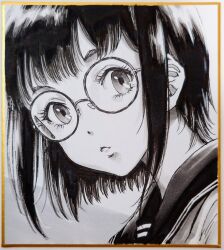  1girl closed_mouth commentary_request expressionless eyelashes glasses greyscale looking_at_viewer looking_to_the_side makomako1061 monochrome original photo_(medium) portrait round_eyewear sailor_collar shikishi short_hair sidelocks solo traditional_media turning_head 
