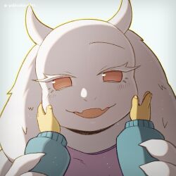  1:1 1girl 1other 2024 2d animal_ears anthro arm_grab artist_name blue_sweater child digital_media droopy_ears duo eyelashes fangs female floppy_ears forut_dondon frisk_(undertale) furry furry_female goat goat_ears goat_girl goat_horns hands_on_another's_cheeks height_difference highres horns human looking_at_viewer mammal monster monster_girl open_mouth other_pov portrait pov pov_hands purple_robe red_eyes robe simple_background size_difference skin_fangs solo_focus sweater toriel twitter_username undertale utdr_(toby_fox) white_background white_fur white_horns 