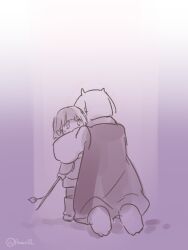  1girl 1other 2016 2d ambiguous_gender animal_ears anthro artist_name barefoot boots digital_media droopy_ears duo female floppy_ears frisk_(undertale) full_body furry furry_female goat goat_ears goat_girl goat_horns gradient_background height_difference holding holding_stick horns hug human kneeling mammal monochrome monster monster_girl powaro02 purple_background purple_theme shirt short_hair simple_background sketch standing stick toriel twitter_username two-tone_background undertale utdr_(toby_fox) white_background white_fur white_horns 