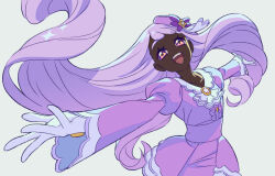  1girl breasts dark-skinned_female dark_skin gloves hat hat_ornament jacinthe_(pokemon) jacket long_hair long_sleeves open_mouth pokemon pokemon_legends:_z-a purple_hair purple_hat purple_jacket purple_skirt skirt small_breasts smile solo swept_bangs violet_eyes white_gloves yoko.u 