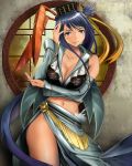  blue_eyes blue_hair breast_hold breasts bushin_renkei_zero cleavage detached_sleeves feathers hat hat_feather long_hair navel ponytail round_window shijima_(tanfn) solo thighs very_long_hair window xin_xianying 