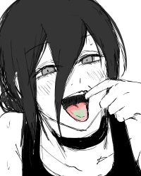  1girl chainsaw_man commentary_request greyscale hair_between_eyes highres looking_at_viewer madaosw medium_hair monochrome mouth_pull open_mouth reze_(chainsaw_man) solo spot_color sweat tank_top teeth tongue tongue_out very_sweaty 