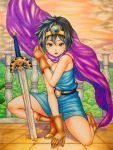  bad_id belt black_hair blue_eyes boots breasts cape circlet cleavage dragon_quest dragon_quest_iii dress gloves kami_musume kneeling roto short_hair strapless_dress sword weapon 