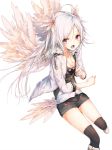  ahoge black_legwear boots breasts cleavage cutoffs denim denim_shorts fangs feathers hair_ornament highres jacket jewelry knee_boots la-na long_hair necklace open_mouth original over-kneehighs red_eyes short_shorts shorts simple_background solo tail_feathers thighhighs white_background white_hair wings 