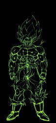  1boy black_background boots dragon_ball dragon_ball_z full_body green_theme highres lineart male_focus mike20030722 monochrome muscular muscular_male pants simple_background solo son_goku spiky_hair standing super_saiyan super_saiyan_1 topless_male torn_clothes torn_pants 