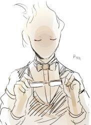  1boy 2016 2d artist_name black_vest bowtie brown_theme closed_eyes digital_media elemental_(creature) fire_elemental flaming_head glasses grillby holding holding_eyewear humanoid male male_focus male_only monster monster_boy no_mouth orange_skin portrait powaro02 simple_background sketch solo straight-on undertale unworn_eyewear utdr_(toby_fox) vest white_background 