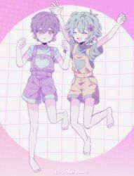  2boys absurdres alternate_costume alternate_eye_color alternate_hair_color alternate_universe antenna_hair arms_up barefoot basil_(headspace)_(omori) basil_(omori) double-parted_bangs flower green_hair green_shirt hair_between_eyes hair_flower hair_ornament highres looking_at_viewer multiple_boys my_loleeta omori omori_(omori) open_mouth overall_shorts overalls parted_lips purple_hair purple_overalls shirt short_hair short_sleeves sidelocks t-shirt teeth upper_teeth_only violet_eyes yellow_overalls 