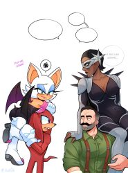  2boys 2girls bat_girl bat_wings blush carrying carrying_person coupe_(dispatch) dark-skinned_female dark_skin dispatch echidna_boy english_commentary english_text furry furry_female furry_male green_shirt highres knuckles_the_echidna kukuu looking_at_another multiple_boys multiple_girls punch_up_(dispatch) rouge_the_bat shirt sitting_on_shoulder sonic_the_hedgehog spoken_squiggle squiggle superhero_costume suspenders white_background wings 