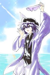  1other absurdres androgynous black_hat black_shirt blue_sky buttons chinese_commentary clouds coattails collared_shirt commentary_request cowboy_shot day detached_hood english_commentary frilled_headwear hair_between_eyes hand_on_own_cheek hand_on_own_face handkerchief happy hat high_collar highres holding holding_handkerchief hood hood_down hooded_jacket jacket len&#039;en light_particles long_sleeves looking_ahead mixed-language_commentary mob_cap ocean open_clothes open_jacket open_mouth other_focus outdoors puffy_shorts purple_hair purple_jacket shirt shitodo_kuroji short_hair shorts shouting sky smile solo standing sun triangular_headpiece violet_eyes white_shorts wide_sleeves wind yancao_(pixiv_103434280) zipper 