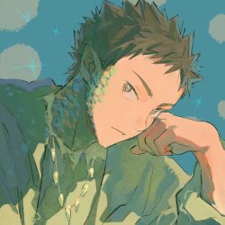  1boy dragon_boy dragon_ears haikyuu!! highres iwaizumi_hajime jewelry lingcod_dayu looking_at_viewer male_focus monster_boy monsterification necklace pointy_ears scales spiky_hair tooth_necklace 