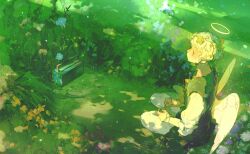  1boy angel angel_wings blue_flower flower grass halo highres leaf lingcod_dayu male_focus nature original pantyhose plant shirt sitting tall_grass toolbox vest vines white_pantyhose white_shirt wings yokozuwari 