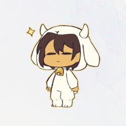  1other 2021 2d =_= alternate_costume ambiguous_gender animal_costume animal_ears animal_hood bell brown_hair chibi chibi_only child cosplay digital_media fake_animal_ears forut_dondon frisk_(undertale) full_body goat_costume goat_ears hood hood_up horns human kigurumi orange_outline other_focus outline short_hair simple_background solo sparkle standing undertale utdr_(toby_fox) white_background 
