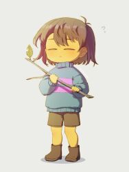 1other 2023 2d :< ambiguous_gender ankle_boots artist_name blue_shorts blue_sweater boots brown_boots brown_hair child digital_media double_horizontal_stripe flying_sweatdrops forut_dondon frisk_(undertale) full_body grey_background highres holding holding_stick horizontal-striped_clothes human other_focus pink_stripes shadow short_hair shorts simple_background solo standing stick striped_clothes striped_sweater sweater twitter_username two-tone_sweater undertale utdr_(toby_fox) 