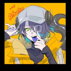  1girl arknights asbestos_(arknights) asbestos_(glen_sonata)_(arknights) black_border black_nails blue_tongue border character_name colored_tongue commentary_request eyepatch furrowed_brow green_eyes hair_over_one_eye hands_up happy_birthday highres looking_at_viewer matsuba_(mtbsbr721) mouth_pull open_mouth purple_hair sharp_teeth short_hair solo tail teeth tongue tongue_out upper_body yellow_background 