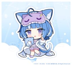  1girl :3 :d ahoge animal_ear_fluff animal_ears blue_background blue_coat blue_hair blunt_bangs blush border cat_ears cat_girl cat_tail chibi chibi_only coat commentary_request copyright_notice fang full_body indie_virtual_youtuber kurageu_roa long_sleeves looking_at_viewer multicolored_hair noi_mine official_art open_mouth outline purple_shirt purple_shorts purple_socks shirt shorts sleep_mask smile socks solo standing standing_on_one_leg streaked_hair tail violet_eyes virtual_youtuber white_border white_outline white_streaks 