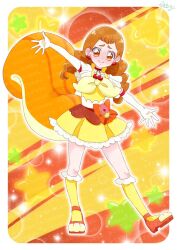  1girl arisugawa_himari artist_name blush border bow brown_eyes brown_hair cherry_earrings chest_bow choker closed_mouth collarbone commentary commission cosplay cure_custard cure_custard_(cosplay) dress dress_bow earrings elbow_gloves embarrassed food-themed_earrings full-face_blush full_body furrowed_brow gloves highres jewelry kirakira_precure_a_la_mode kneehighs long_hair looking_at_viewer low_twintails magical_girl nervous_smile open_hands orange_background orange_bow orange_choker orange_shoes orange_tail outstretched_arms pact_holder paw_shoes pota0606119 pouch precure self_cosplay shoes signature skeb_commission smile socks solo sparkle_background split_mouth spread_arms spread_fingers squirrel_tail standing star_(symbol) star_symbol_background tail thick_eyebrows twintails two-tone_background watermark white_border white_gloves yellow_background yellow_bow yellow_dress yellow_socks 