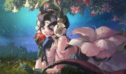  1girl anjo_nala anjo_nala_(forbidden_fruit) apple bare_shoulders black_horns blue_sky commentary demon_girl demon_horns dress flower food fruit gloves gold_choker green_gloves hair_flower hair_ornament highres holding holding_food holding_fruit horns kuroja lizard_tail looking_at_viewer lying nature official_alternate_costume on_grass on_stomach open_mouth outdoors pink_flower pink_tail reverse:1999 sky solo symbol-only_commentary tail tree upper_body violet_eyes white_dress white_flower 