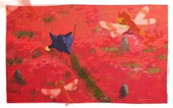  animal_focus border bug facing_away field flying full_body gengar ghost holding holding_stick isutai looking_at_another no_humans outdoors pokemon pokemon_(creature) red_grass standing stick white_border yanma 