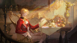  1boy absurdres ahoge aqua_eyes arm_rest armchair ascot between_fingers blonde_hair book branch cake cake_slice candle candlestand chair chinese_commentary collared_shirt contrast_collar couch creamer_(vessel) crossed_legs crow_yayu cup cupcake curtained_hair elbow_rest feet_out_of_frame flower food frilled_sleeves frills from_side grey_pants highres holding holding_book holding_pen indoors jacket lamp lapel_pin lapels lars_rorschach long_sleeves lovebrush_chronicles macaron male_focus nib_pen_(object) notched_lapels open_clothes open_jacket painting_(object) pants parted_bangs parted_lips pen picture_frame profile reading red_ascot red_jacket rose shirt short_hair socks solo sugar_bowl suit_jacket table tablecloth tart_(food) tassel teacup tiered_tray vase vest wallpaper_(object) white_ascot white_shirt white_socks white_vest yellow_flower yellow_rose 