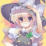  bow grin hair_bow hand_on_hat hat hat_bow kirisame_marisa long_hair pink_eyes pink_hair smile solo sparkle touhou wei_(hoshieve) witch witch_hat 