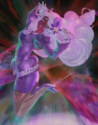  1girl 99933g arms_up ascot dark-skinned_female dark_skin dress fascinator fishnet_pantyhose fishnets frilled_ascot frills full_body glint gloves hair_ornament high_heels highres jacinthe_(pokemon) juliet_sleeves legs_up long_hair long_sleeves looking_at_viewer low_drills open_mouth pantyhose pencil_dress pokemon pokemon_legends:_z-a puffy_sleeves purple_hair purple_light purple_shoes shoes short_dress smile solo teeth upper_teeth_only very_dark_skin violet_eyes 