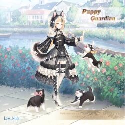  1girl animal_ear_headwear animal_ears artist_request baby_animal belt black_belt black_bow black_bowtie black_dress black_hat black_thighhighs blonde_hair blunt_bangs boat bone boots border bow bowtie bush character_name copyright_logo crossed_belts day dog dog_ears dog_girl dog_tail dot_nose dress dress_bow ears_through_headwear english_text eyelashes flower footwear_bow frilled_dress frilled_headwear frilled_sleeves frills full_body giving happy hat hat_bow high_heel_boots high_heels holding holding_bone house jumping layered_dress lens_flare light_blush light_rays logo lolita_fashion long_dress long_hair long_sleeves looking_at_animal miracle_nikki multicolored_hair multiple_belts nikki_(series) official_art open_mouth outdoors path pink_bow puppy puppy_guardian_(miracle_nikki) red_flower red_rose river rose shadow shoulder_bow simple_bird smile solo standing streaked_hair striped_bow studded_belt tail thigh-highs thigh_boots third-party_source very_long_hair watercraft white_boots white_border yellow_bow yellow_eyes zettai_ryouiki 