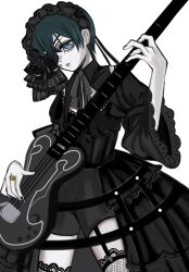  1boy artist_collaboration bass_guitar belt black_belt black_dress black_nails black_ribbon black_shorts blue_eyes blue_hair ciel_phantomhive crossdressing crossdressing_(mtf) dress eyepatch fishnets frilled_dress frills gothic_lolita hairband highres holding holding_bass_guitar holding_instrument instrument jewelry kizitora kuroshitsuji lolita_fashion lolita_hairband long_sleeves looking_at_viewer male_focus music pale_skin parted_lips playing_bass_guitar playing_instrument puffy_long_sleeves puffy_sleeves ribbon ring short_hair shorts simple_background solo white_background xsugoopjqu63659 