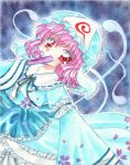  :o armband blue_background bow cherry_blossoms closed_fan colored_pencil_(medium) fan folding_fan frills hands_in_sleeves hat hitodama japanese_clothes kimono long_sleeves looking_at_viewer marker_(medium) obi outstretched_arm pink_hair red_eyes saigyouji_yuyuko sakura_maki solo touhou traditional_media triangular_headpiece wide_sleeves wind 