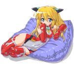  :d animal_ears blue_eyes blush busou_shinki dd_(artist) doll_joints elbow_gloves gloves hand_on_own_face lirbiete long_hair looking_at_viewer lying on_side open_mouth pillow red_legwear simple_background skin_tight smile solo thigh-highs thighhighs 