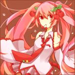  bad_id cherry detached_sleeves food fruit hatsune_miku long_hair meme_4578 mouth_hold necktie pink_hair red_eyes sakura_miku skirt solo twintails very_long_hair vocaloid 