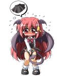  bat_wings blush bow chibi covering covering_crotch d.a demon_tail dress_shirt embarrassed flying_sweatdrops hair_ribbon head_wings koakuma long_hair mary_janes no_pants panties red_eyes red_hair redhead ribbon shirt shoes skirt socks solo tail tears touhou transparent_background trembling underwear vest wavy_mouth white_legwear white_panties wings 