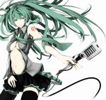  erise green_eyes green_hair hatsune_miku highres long_hair microphone microphone_stand mound_of_venus navel necktie open_clothes open_shirt simple_background skirt solo thigh-highs thighhighs vocaloid white_background 