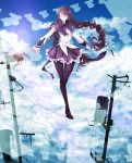  akemi_homura balancing black_legwear blue_sky bow braid capelet closed_eyes cloud eyes_closed glasses hair_bow hairband laundry long_hair magical_girl mahou_shoujo_madoka_magica pantyhose power_lines shield shirt skirt sky smile solo standing_on_one_leg teriyaki2 twin_braids 