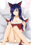  ahri animal_ears bare_legs bare_shoulders blue_hair breasts cleavage collarbone detached_sleeves fox fox_tail heart large_breasts league_of_legends looking_at_viewer multiple_tails panties pantyshot pantyshot_(sitting) pantyshot_sitting sitting solo tail tonnelee underwear white_panties wink yellow_eyes 