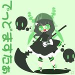  black_hair black_rock_shooter chibi dead_master dress green_background horns scythe skull smile translated translation_request 