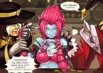  2boys armband beancurd bikini_top blue_skin breasts bridal_gauntlets cleavage cup dated earrings elbow_gloves evelynn glass gloves gragas hand_on_shoulder hat highres jewelry league_of_legends multiple_boys nail_polish pink_hair pointy_ears shaco short_hair singed spikes tears twisted_fate wrist_grab yellow_eyes 