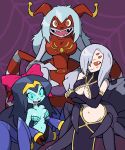  3girls alternate_form aqua_sclera aqua_skin arachnemon blue_hair breasts breasts_apart claws cleavage crossed_arms crossover detached_sleeves digimon extra_eyes insect_girl lavender_hair long_hair monster_girl monster_musume_no_iru_nichijou multiple_crossover multiple_girls multiple_legs navel rachnera_arachnera red_eyes red_skin shantae shantae_(character) sharp_teeth shenanimation smile solid_eyes spider_girl 