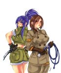  back-to-back blue_eyes blue_hair bolero breasts brown_eyes brown_hair choker combat_knife cropped_jacket gloves hands_on_hips highres khakis king_of_fighters large_breasts leona_heidern lips long_hair looking_back military military_uniform multiple_girls ponytail short_hair shorts sleeves_rolled_up snk ultimatesol uniform whip whip_(kof) 