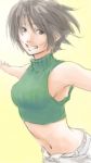  bare_shoulders black_hair brown_eyes final_fantasy final_fantasy_vii grin kuzumin midriff open_fly outstretched_arms short_hair shorts sketch sleeveless sleeveless_turtleneck smile spread_arms turtleneck unzipped wind yuffie_kisaragi 