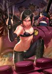  1girl battle black_hair blue_eyes boots breasts bridal_gauntlets claws cleavage dcwj highres lips long_hair marvel mecha muscle navel robot sentinel_(x-men) when_you_see_it wolverine x-23 x-men 