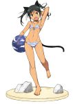  animal_ears aqua_eyes armpits ball barefoot bikini black_hair cat_ears cat_tail choker fang faux_figurine figure_stage flat_chest francesca_lucchini front-tie_top head_tilt legs_up maru_(maruttona) maruttona navel open_mouth rock simple_background solo strike_witches striped striped_bikini striped_swimsuit swimsuit tail twintails 