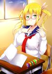  blonde_hair blush book breasts classroom cloud desk glasses green_eyes hair_ribbon hair_twirling hairclip impossible_clothes impossible_shirt kaeru_no_ashi large_breasts long_hair looking_at_viewer necktie original pen school_uniform serafuku sitting sky smile solo taut_shirt twintails window 
