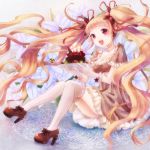  :d blonde_hair breasts cake candle cleavage dress earrings flower food frills hair_ribbon high_heels holding jewelry light_particles long_hair nunucco open_mouth original pointy_ears red_eyes ribbon shoes sitting smile solo thigh-highs thighhighs twintails very_long_hair white_legwear 