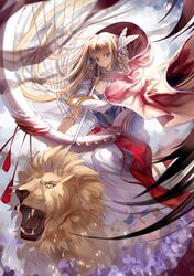  blue_eyes cloud harp highres instrument lion long_hair midair miyazaki_byou rg_veda teeth 