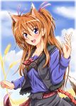  animal_ears blue_eyes blush brown_hair cosplay diesel-turbo holo holo_(cosplay) houjou_hibiki koshimizu_ami long_hair look-alike pouch precure seiyuu_connection solo spice_and_wolf suite_precure tail two_side_up wheat wolf_ears wolf_tail 