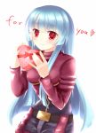  belt_buckle blue_hair blush bolero cropped_jacket female gift heart highres king_of_fighters kula_diamond long_hair puracotte red_eyes snk solo valentine 